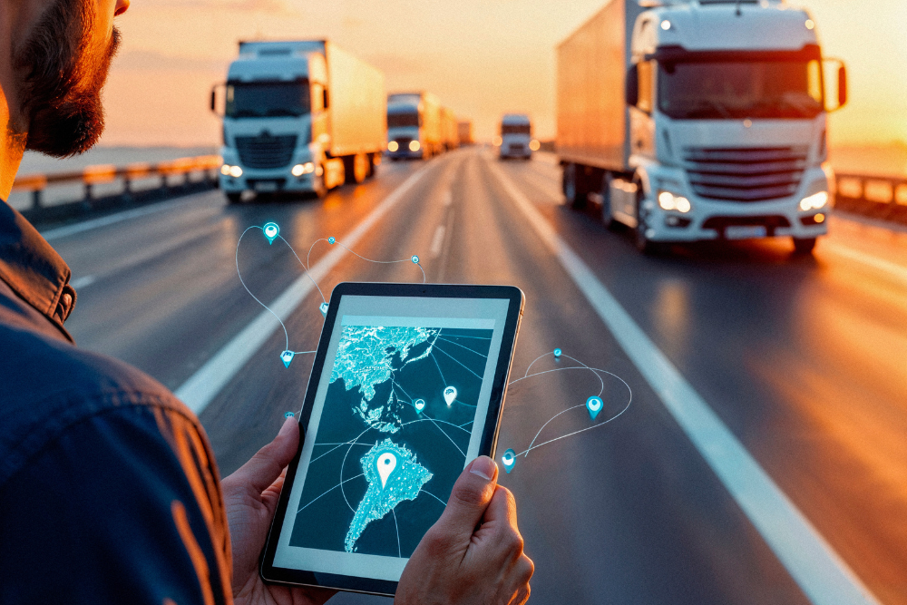 Rastreamento veicular em tempo real exibido em tablet, com caminhões em rodovia representando logística e transporte seguro.